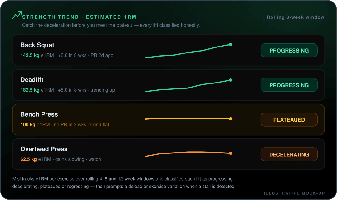 Mock-up of the Misi strength progress chart showing estimated one-rep-max trending upward over time across key lifts.
